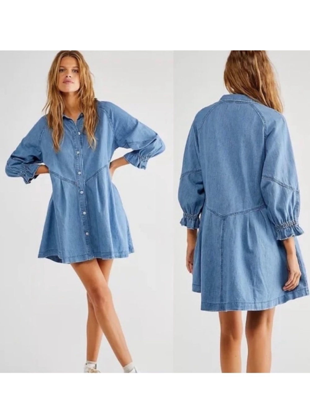 FREE PEOPLE WOMEN'S HANNAH LONG SLEEVE DENIM MINI DRESS Sz. S
